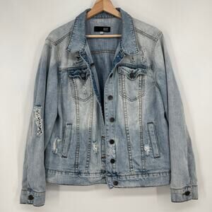 Kut From The Kloth Emma Distressed Denim Jacket Large Trucker Light Wash Destroy
